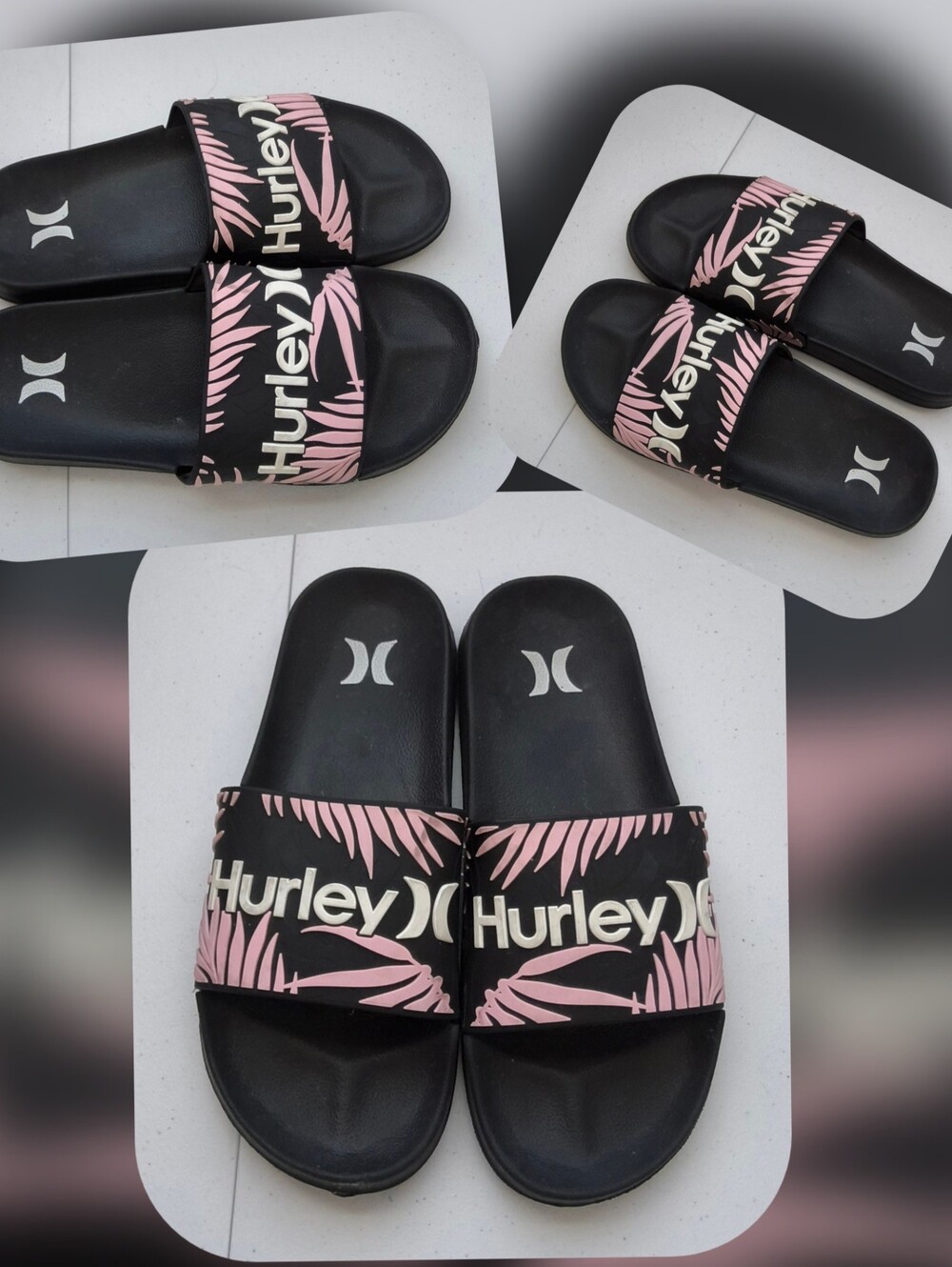 Hurley Black Slides with Pink Palm Pattern Size 7